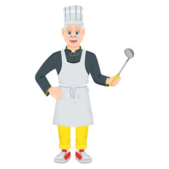 A cartoon cheerful male chef holds a ladle. Smiling old chef highlighted on a white background. Vector illustration for menus, games or banners.