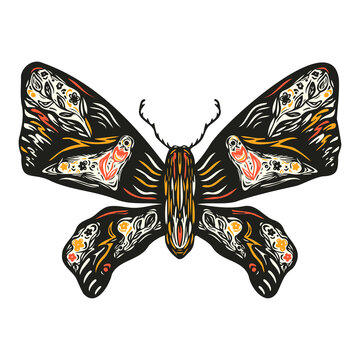 Colorful Butterfly with colored ornament. Hand drawn vector illustration isolated on white background. Folk art insect. Design in linocut style for prints on t-shirts, postcards or posters.