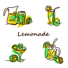 Set of doodle style lemonade, sweet summer drink