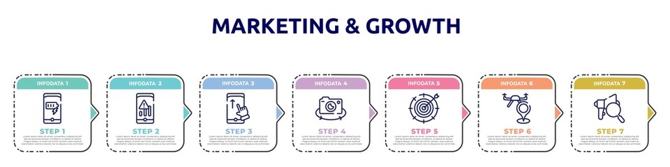 marketing & growth concept infographic design template. included battery charge, low, swipe up, rotate camera, taget, street map, expertise icons and 7 option or steps.