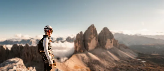 Photo sur Plexiglas Dolomites Dolomites, Three Peaks of Lavaredo. Italian Dolomites with famous Three Peaks of Lavaredo, Tre Cime , South Tyrol, Italy,.People climbing on a via ferrata route paternkofel.