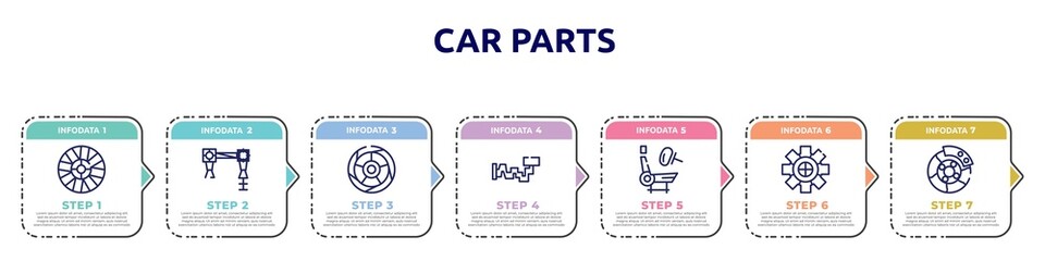 car parts concept infographic design template. included car hubcap, car torsion bar, tyre, crankshaft, air bag, sprocket, brake icons and 7 option or steps.