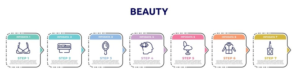 beauty concept infographic design template. included brassiere, solarium, hand mirror with shine, mindfulness, comfortable chair, parka, parfum bottle icons and 7 option or steps.