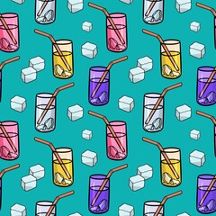 Bright turquoise print, tall glass glasses with various drinks, ice cubes, seamless pattern