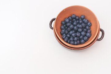 terracotta bowl with fresh bio organic blueberries on a white table