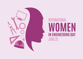 International Women in Engineering Day vector. Woman face in profile purple silhouette vector. Female engineer design element. Engineering icon set vector. June 23. Important day