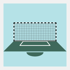 Monochrome football goal. Front view. Sports equipment with net. Two bars and crossbar. Green field fragment with white markings in front of gate. Ball game. Black and white gate fixed on ground.