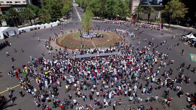 Aerial View Of Glorieta De La Palma Roundabout With Crowds To See The New Ahuehuete Tree Guardian of Missing Persons Mexico City. Orbit Motion
