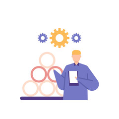 Production Planning and Inventory Control. stock take, warehouse admin, goods supervisor. a staff or worker calculates, records, and manages inventory materials. flat cartoon illustration. concept