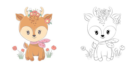 Obraz na płótnie Canvas Cute Clipart Deer Illustration and For Coloring Page. Cartoon Clip Art Deer with Flowers. Vector Illustration of an Animal for Stickers, Baby Shower, Coloring Pages, Prints for Clothes