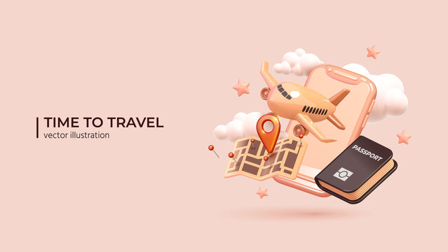 Opportunity to travel the world again. Pandemic cancellation, summer holidays, airplane flights. Visiting interesting places. Travel concept in Realistic 3d cartoon minimal style. Vector illustration