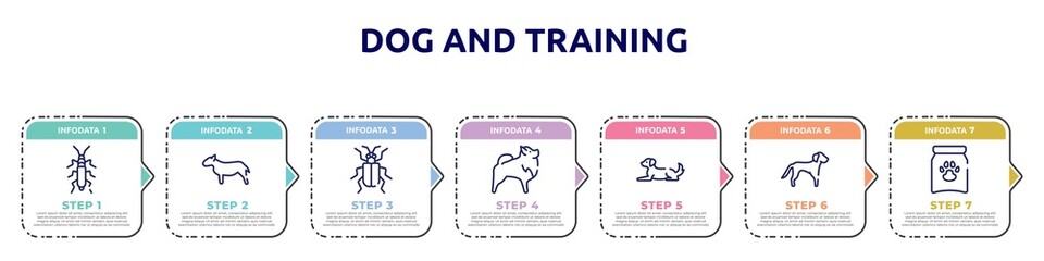 dog and training concept infographic design template. included null, bullterrier, asparagus beetle, pomeranian, dog lying, springer spaniel, treat icons and 7 option or steps.