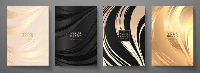 Premium cover design set. Wavy background with line pattern (wavy curves). Luxury vector in black, gold colours for business background, sport brochure template, planner, flyer a4, music poster