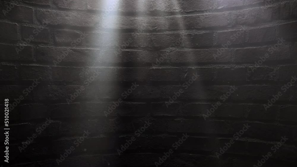 Wall mural sunbeams on cellar brick wall, dust particles flying in the air. rays of light in a dark room. seaml