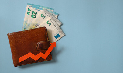 Wallet above the euros and the red arrow on the light blue background. Concept of financial growth,...