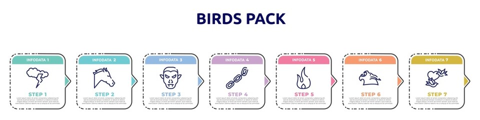 birds pack concept infographic design template. included cloud and lightnings, horse head, vampire, chains, fire flame, werewolf, birds couple icons and 7 option or steps.