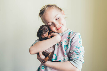 Adorable sleeping puppy in the hands of a little girl. Dachshund puppy. 