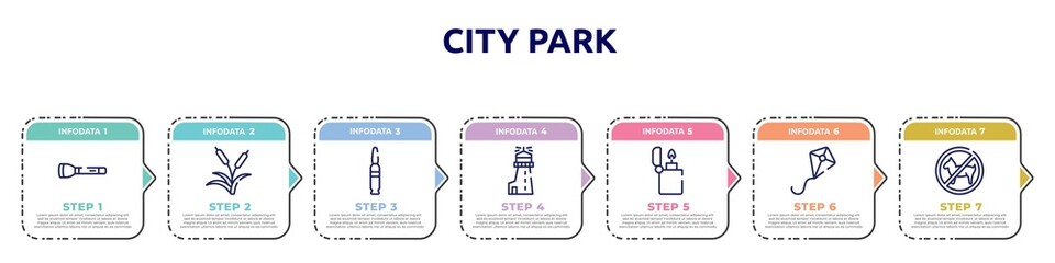 city park concept infographic design template. included torch, reeds, bullets, lighthouse, lighter, kite, forbidden icons and 7 option or steps.