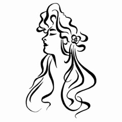 Abstract woman face in profile line art. Woman beauty fashion concept, minimalistic style. Portrait of a girl in profile linear drawing. Calligraphy image. 