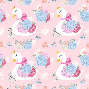 Elegant swans with crown and flowers pattern Free Vector