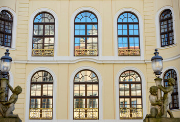 Reflections in windows of palace Taschenbergpalais (Hotel Kempinski), Dresden, Germany.
