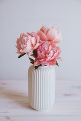 Beautiful bunch of fresh Coral Charm peonies in full bloom in vase against white background. Minimalist floral still life with blooming flowers.