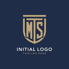 Letter MS shield logo style, luxury and elegant monogram logo design with gold color and dark background