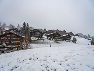 Traditional Swiss houses on a hill during snowfall in Grindelwald village, Switzerland