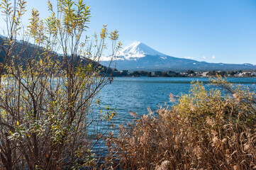 Mount Fuji on a bright clear winter morning, as seen from across Lake Kawaguchi in Japan.