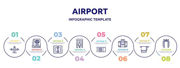 airport concept infographic design template. included directions arrows, geography text book, wine menu, full body, fly ticket, travelling handle bag, bath towel, airport security portal icons and 8