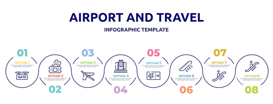 airport and travel concept infographic design template. included gate, ticket card, no guns, baggage claim, boarding ticket, ors down, upwards or, or going down icons and 8 option or steps.
