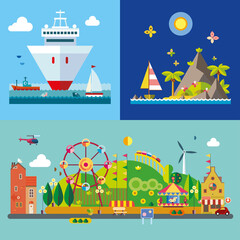 Modern flat design conceptual illustration. Amusement park, cruise and island.
