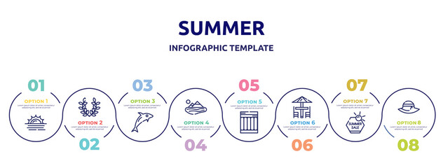 Obraz premium summer concept infographic design template. included sun at sea, wreath, dolphin on water waves, lake, air mattress, terrace, summer sale, pamela hat icons and 8 option or steps.