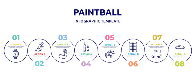 paintball concept infographic design template. included pulsometer, paralympics, biceps curl, doping, horse riding, trellis, earthworm, goggle icons and 8 option or steps.