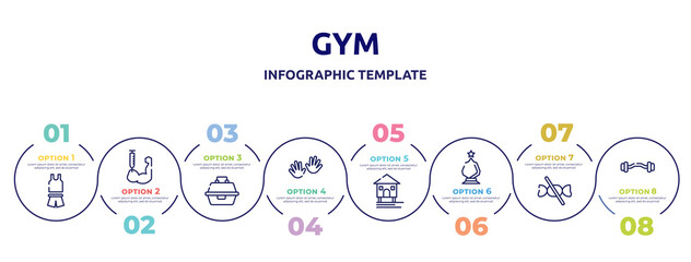 gym concept infographic design template. included sport wear, steroids, tackle box, hand, stilt house, glass award, no sweets, ez bar icons and 8 option or steps.