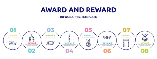 award and reward concept infographic design template. included fishing boat, bicycle fork, race track, fitness watch, second place, rings, horizontal bar, bronze icons and 8 option or steps.