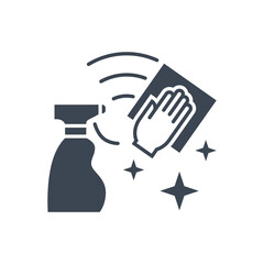 Obraz premium Cleaning related vector glyph icon. Disinfectant Spray and Hand with a Wipe Surface. Clean sign. Isolated on white background. Editable vector illustration