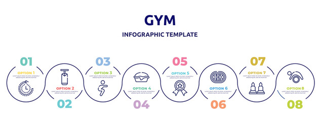 gym concept infographic design template. included routine, boxing bag, squats, pies, first prize, hockey arena, munition, pilates icons and 8 option or steps.