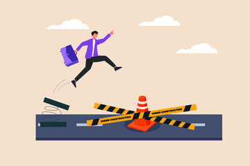 Businessman is going through the repaired road. Road construction concept. Flat vector illustration isolated.