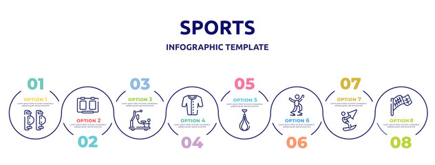 Fototapeta premium sports concept infographic design template. included elbow pads, score board, gym station, baseball jersey, speed bag, powerbocking, kitesurf, checkered flag icons and 8 option or steps.