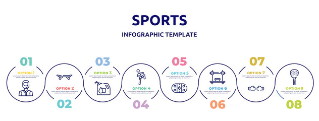 sports concept infographic design template. included drivers, longboard, oil down, ritual, arena, bench press, punching, padel icons and 8 option or steps.