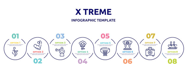 x treme concept infographic design template. included squat, muscular, pitching hine, skydiving, basketball hoop, champ, emergencies, bobsledding icons and 8 option or steps.