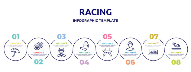 racing concept infographic design template. included bike helmet, pit, polo player, armband, pommel horse, null, backup car, null icons and 8 option or steps.