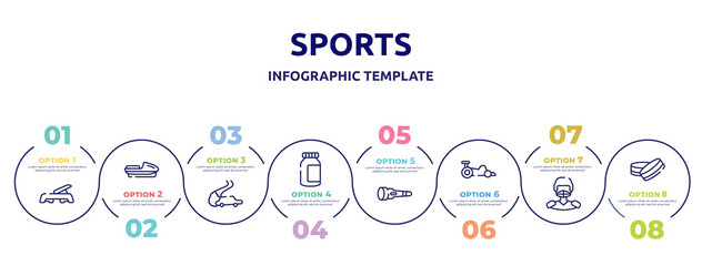 Fototapeta na wymiar sports concept infographic design template. included fitness step, speedboat, drifting, energy bar, dive light, kart racing, hockey player, hockey puck icons and 8 option or steps.