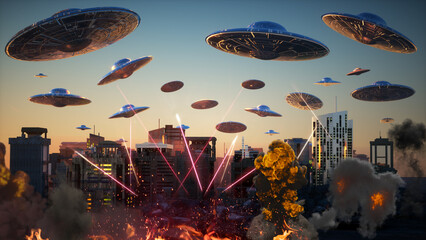 attack of flying alien ufo saucers on the city 3d render