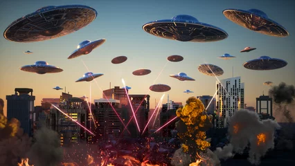 Zelfklevend Fotobehang aanval van vliegende buitenaardse ufo-schotels op de stad 3d render © de Art