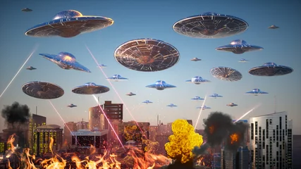 Gordijnen aanval van vliegende buitenaardse ufo-schotels op de stad 3d render © de Art