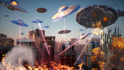 Draagtas aanval van vliegende buitenaardse ufo-schotels op de stad 3d render © de Art