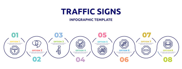 traffic signs concept infographic design template. included intersecting, videochat, necktie, no shopping cart, no trucks, no music, prohibited way, bridge road icons and 8 option or steps.