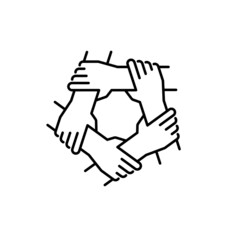 Unity and teamwork icon. Togetherness and cooperation concept. Helping hand symbol. Group of five people holding arms.